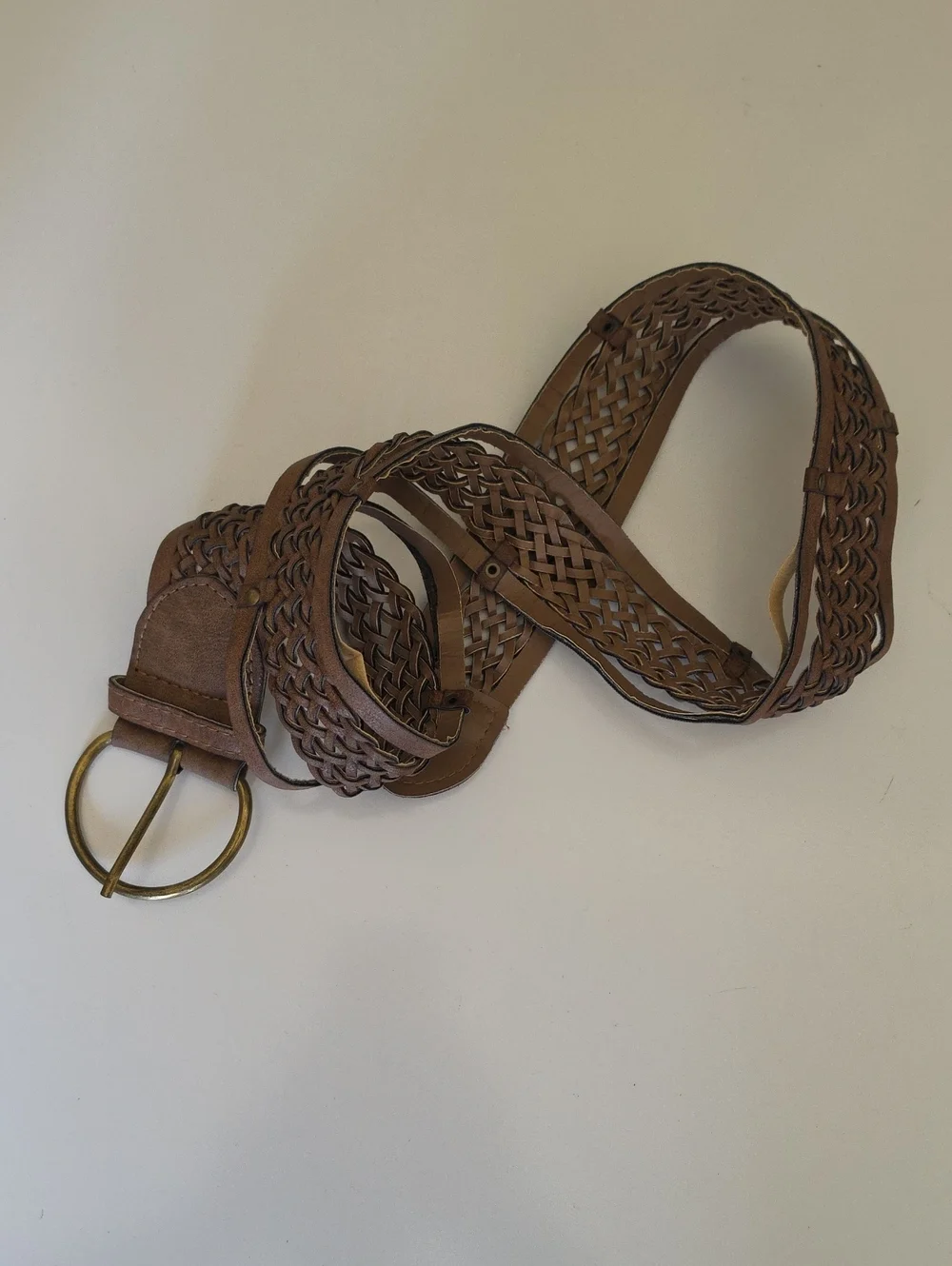 Woven Braided Brown Leather Belt with Round Brass Buckle